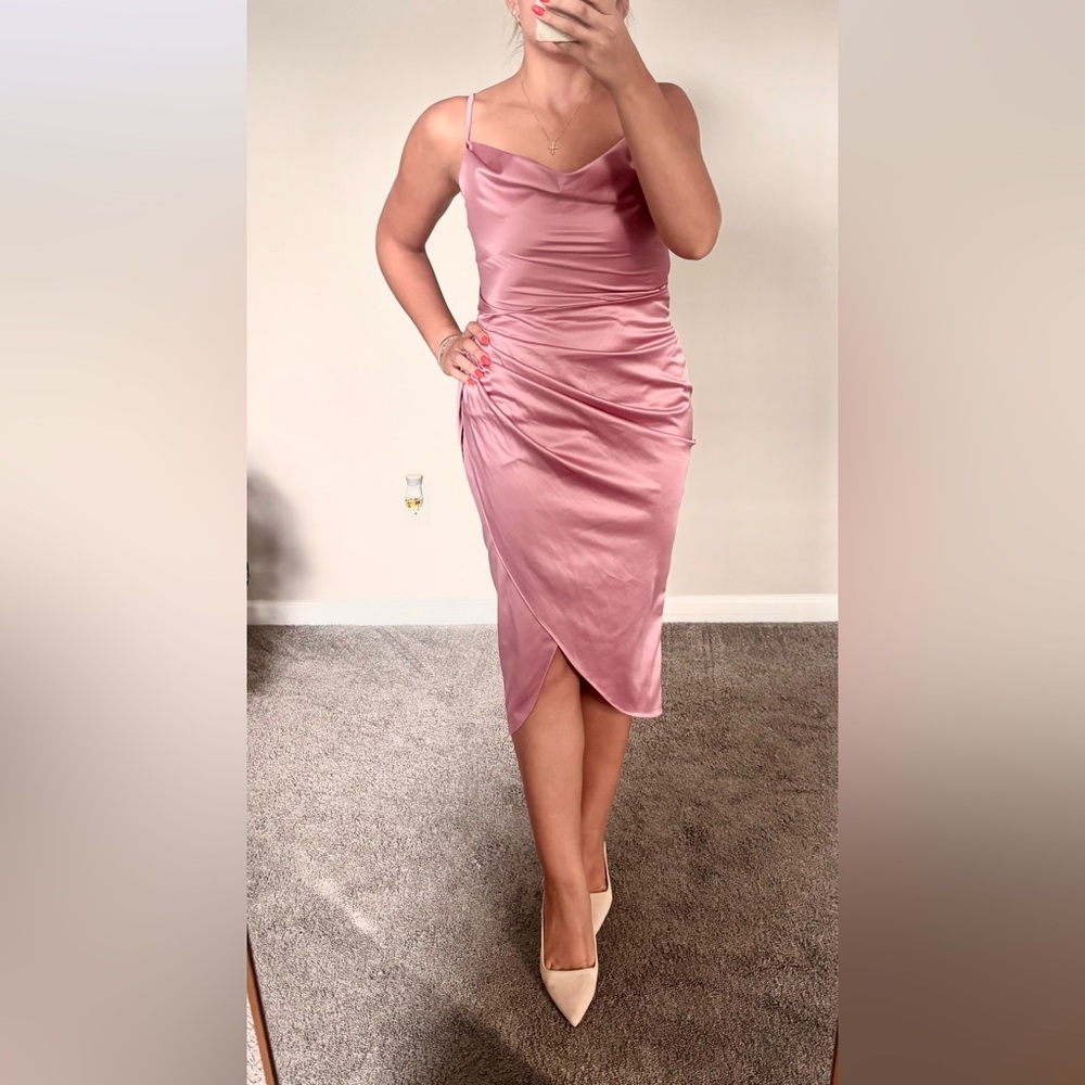 HONEY BUTTER BOUTIQUE Pink Satin Cowl Neck Dress (Like New)